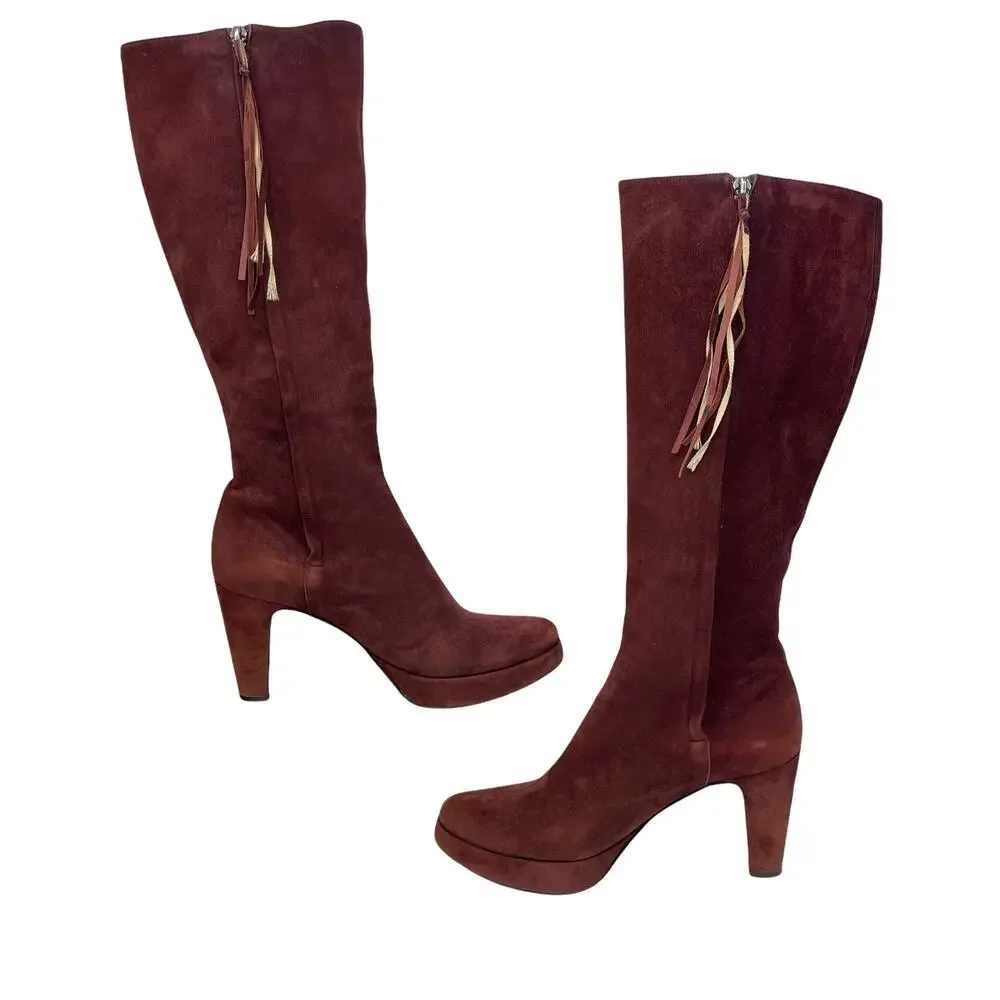 Pollini Suede Knee High Boot Womens SZ 6.5 Maroon Tassel Tall Heel Double Zip